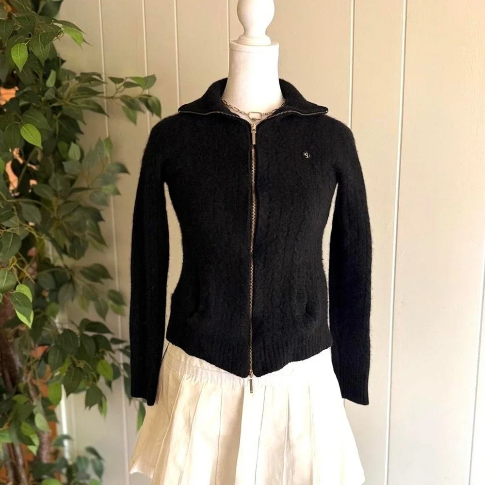Ralph Lauren Black Zip up Cashmere Sweater with Gold Zipper Women's Size Medium
